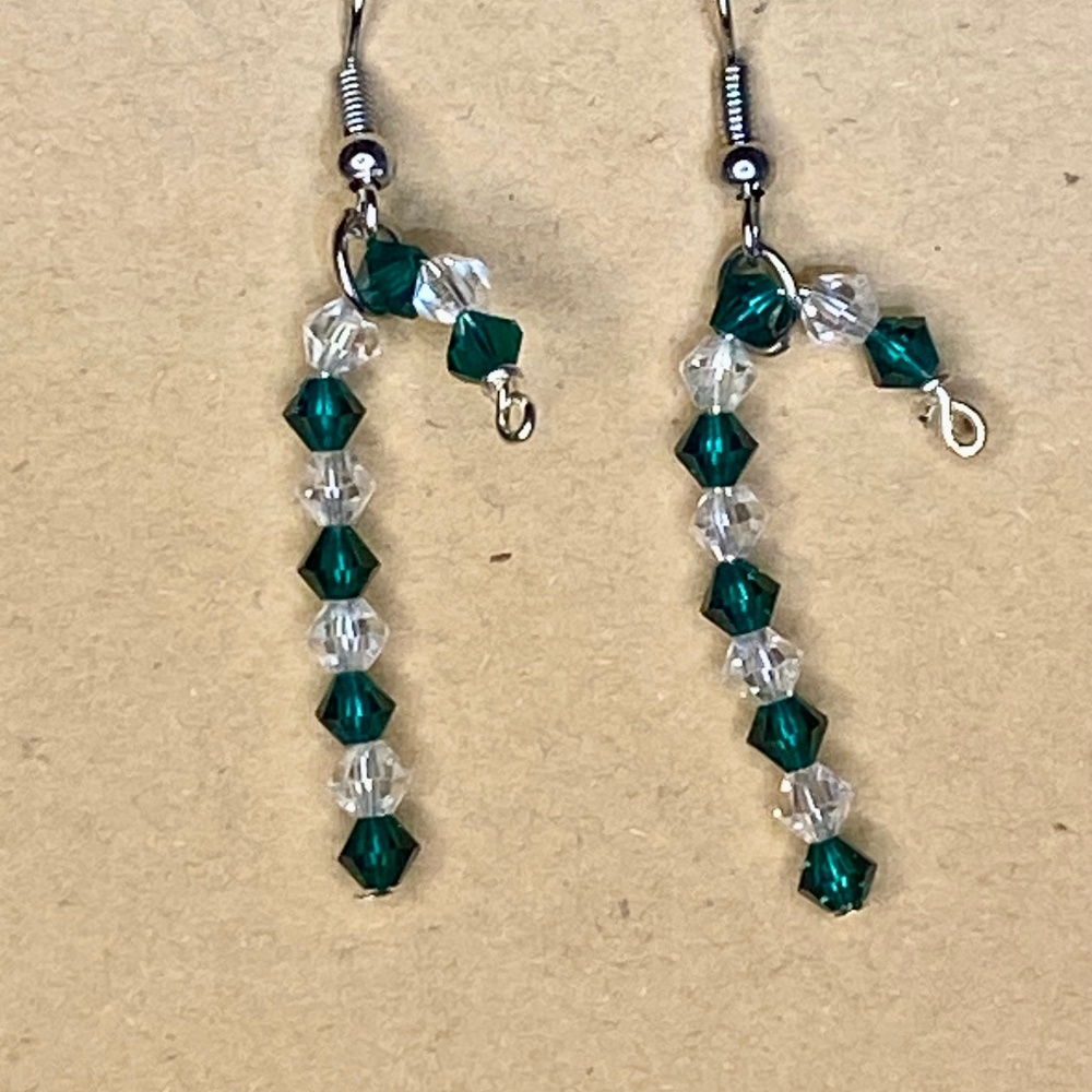 Green & Clear Crystal Candy Cane Earrings